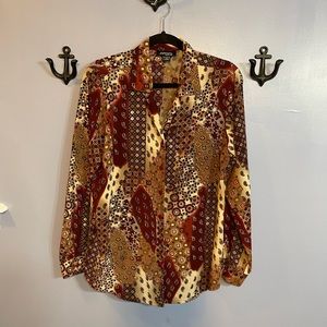 Jordan Blue Label Button Down Top Size Medium Brown Paisley Long Roll-Up Sleeve